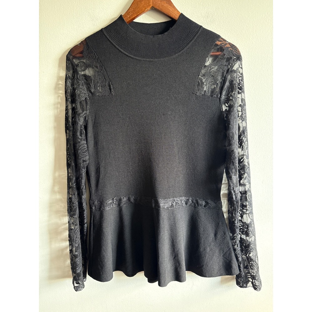 INC International Concepts Black Lace Sleeve Peplum Sweater Top L